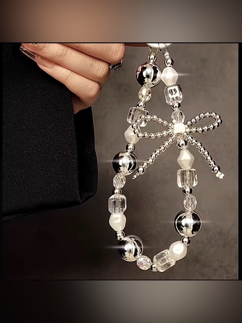 Silver & Clear Beaded Phone Wrist Chain/key charm with Bow Accent